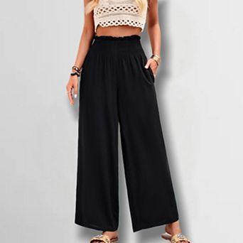 Women's Solid Color Drapey Pants Elastic Waist Ruffle Trim Beach Trousers Casual Lounge