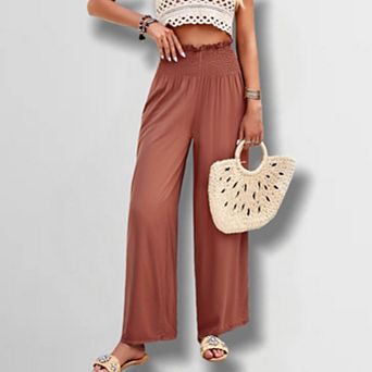 Women's Solid Color Drapey Pants Elastic Waist Ruffle Trim Beach Trousers Casual Lounge