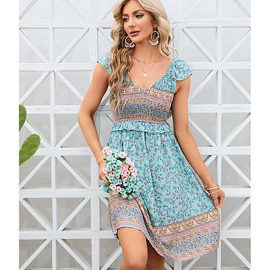 Womens Summer Smocked Ruffle Short Sleeve Boho Mini Dress Casual Floral ...