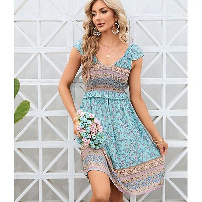 Women's Floral Smocked Dress Summer V-Neck Short Sleeve Flowy Mini Dress Black L
