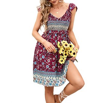 Womens Summer Smocked Ruffle Short Sleeve Boho Mini Dress Casual Floral Beach Sun V Neck Short Dress