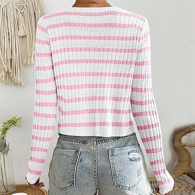 Women's Striped Knit Cardigan Lightweight Tie Front Cropped Long Sleeve Casual Sweater