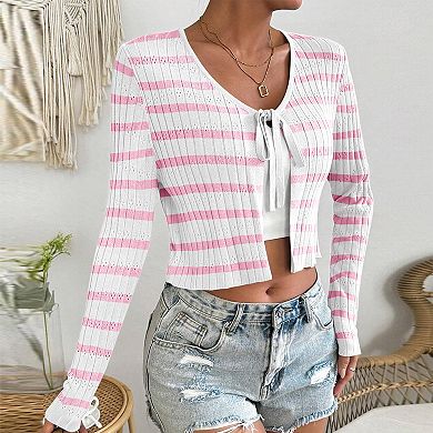 Women's Striped Knit Cardigan Lightweight Tie Front Cropped Long Sleeve Casual Sweater