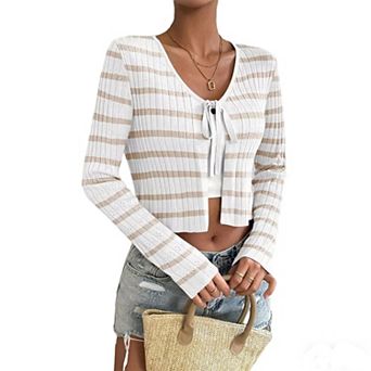 Women's Striped Knit Cardigan Lightweight Tie Front Cropped Long Sleeve Casual Sweater
