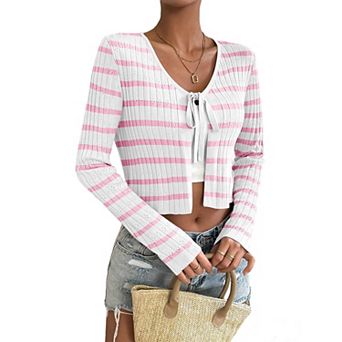 Women's Striped Knit Cardigan Lightweight Tie Front Cropped Long Sleeve Casual Sweater