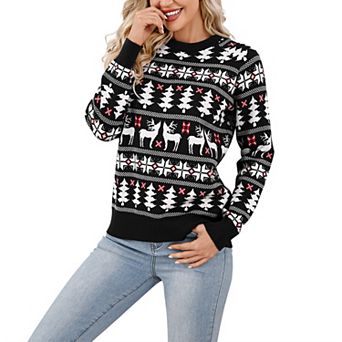 Womens Christmas Fall Reindeer Snowflake Sweater Knit Shirt Long Sleeve Casual Crew Neck Top Blouse