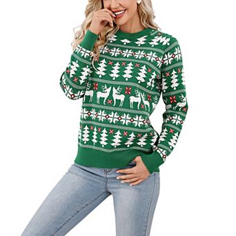 Womens Christmas Fall Reindeer Snowflake Sweater Knit Shirt Long Sleeve Casual Crew Neck Top Blouse