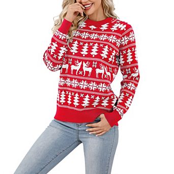 Womens Christmas Fall Reindeer Snowflake Sweater Knit Shirt Long Sleeve Casual Crew Neck Top Blouse