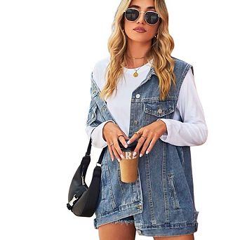 Women's Oversized Denim Vest Mid Long Jean Vest Sleeveless Jackets Distressed Vest