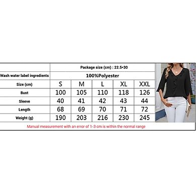 Women's V-Neck Three-Quarter Sleeve Blouse Ruffle Hem Loose Fit Boho Top with Pleated Detail