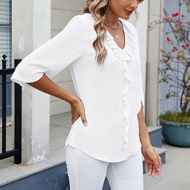 Women's V-Neck Three-Quarter Sleeve Blouse Ruffle Hem Loose Fit Boho Top with Pleated Detail