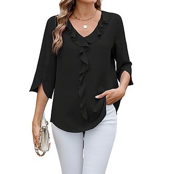 Women's V-Neck Three-Quarter Sleeve Blouse Ruffle Hem Loose Fit Boho Top with Pleated Detail