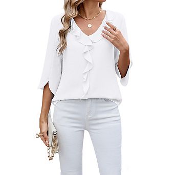 Women's V-Neck Three-Quarter Sleeve Blouse Ruffle Hem Loose Fit Boho Top with Pleated Detail