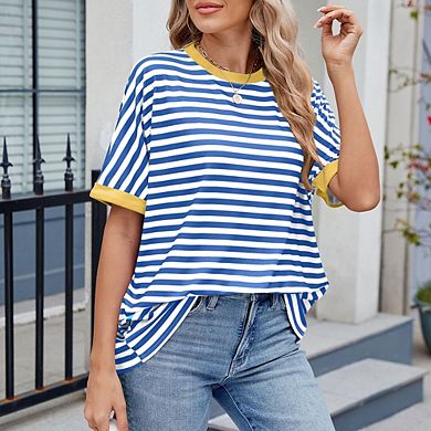 Women's Striped Short Sleeve T-Shirt Casual Loose Fit Crewneck Top Blouses