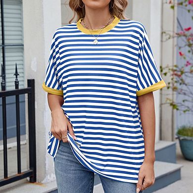 Women's Striped Short Sleeve T-Shirt Casual Loose Fit Crewneck Top Blouses