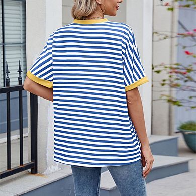 Women's Striped Short Sleeve T-Shirt Casual Loose Fit Crewneck Top Blouses