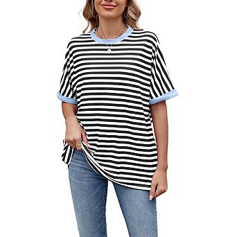 Women's Striped Short Sleeve T-Shirt Casual Loose Fit Crewneck Top Blouses