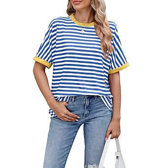 Women's Striped Short Sleeve T-Shirt Casual Loose Fit Crewneck Top Blouses