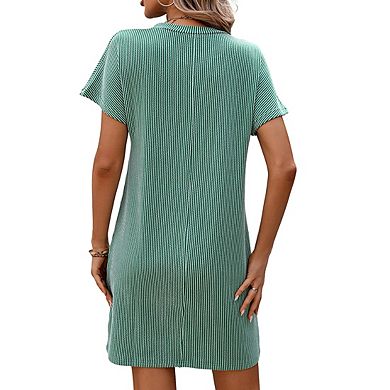 Womens Casual Color Block Short Sleeve Pocket Midi Dress
