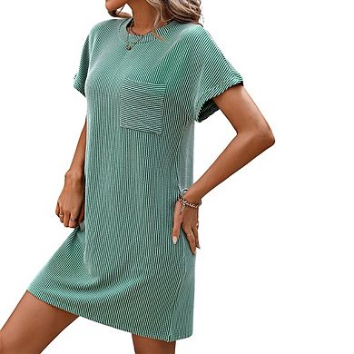Womens Casual Color Block Short Sleeve Pocket Midi Dress