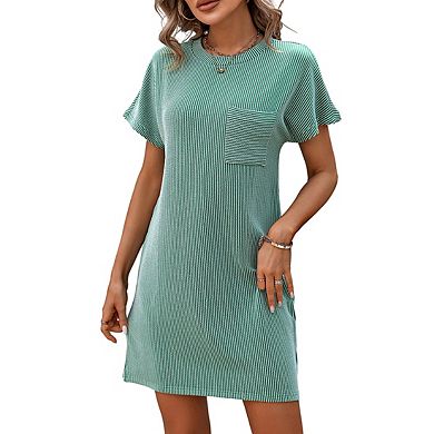Womens Casual Color Block Short Sleeve Pocket Midi Dress