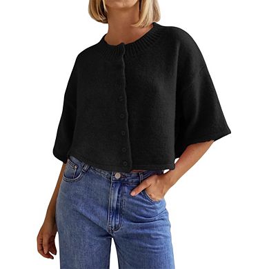 Women Sweater Lightweight Knit Cropped Cardigan Button Up Solid Knitwear