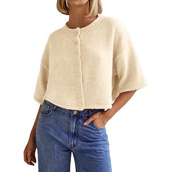 Women Sweater Lightweight Knit Cropped Cardigan Button Up Solid Knitwear