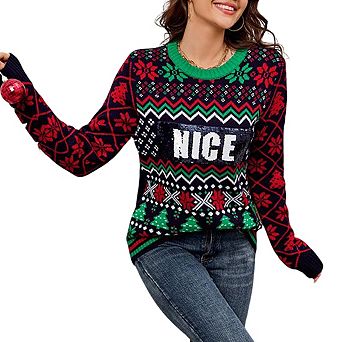 Womens Sweater Long Sleeve Front Sequin Embroidery Jacquard Christmas Knit Top
