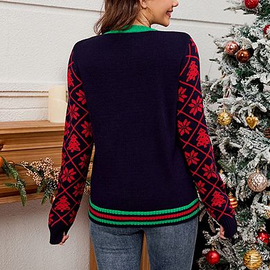 Womens Sweater Long Sleeve Front Sequin Embroidery Jacquard Christmas Knit Top