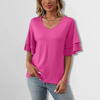 Women's V-Neck Ruffle Sleeve Tee Textured Double Layer Short Sleeve Top Elegant Comfort