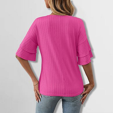Women's V-Neck Ruffle Sleeve Tee Textured Double Layer Short Sleeve Top Elegant Comfort