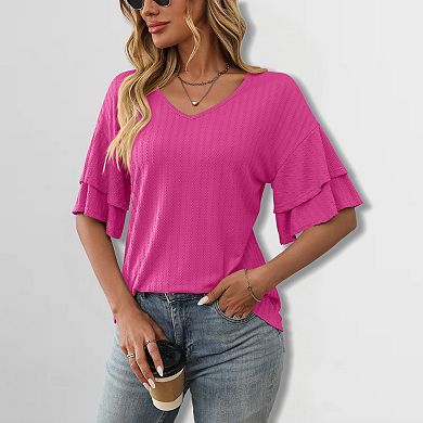 Women's V-Neck Ruffle Sleeve Tee Textured Double Layer Short Sleeve Top Elegant Comfort