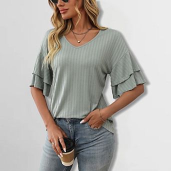 Women's V-Neck Ruffle Sleeve Tee Textured Double Layer Short Sleeve Top Elegant Comfort