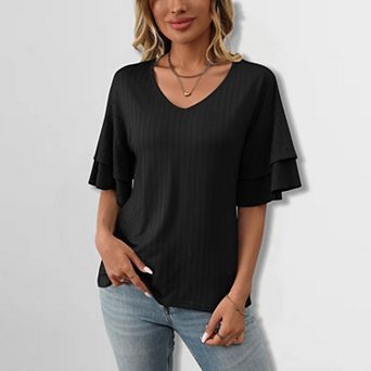 Women's V-Neck Ruffle Sleeve Tee Textured Double Layer Short Sleeve Top Elegant Comfort