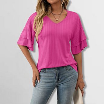 Women's V-Neck Ruffle Sleeve Tee Textured Double Layer Short Sleeve Top Elegant Comfort