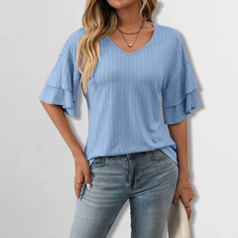 Women's V-Neck Ruffle Sleeve Tee Textured Double Layer Short Sleeve Top Elegant Comfort