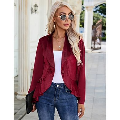 Womens Casual Blazer Long Sleeve Open Front Ruffle Work Office Cardigan Suit Jacket