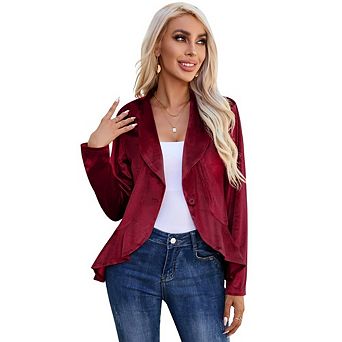 Womens Casual Blazer Long Sleeve Open Front Ruffle Work Office Cardigan Suit Jacket