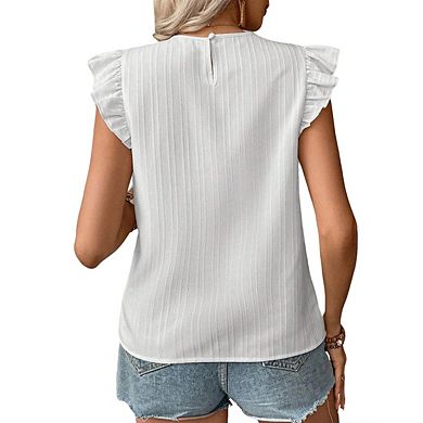 Womens Crewneck Lace Trim Short Ruffle Sleeve Blouse Top