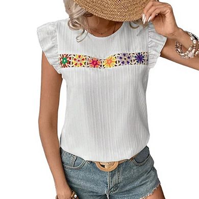 Womens Crewneck Lace Trim Short Ruffle Sleeve Blouse Top