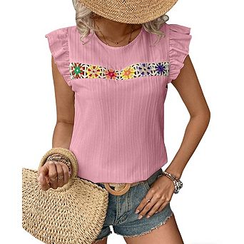 Womens Crewneck Lace Trim Short Ruffle Sleeve Blouse Top
