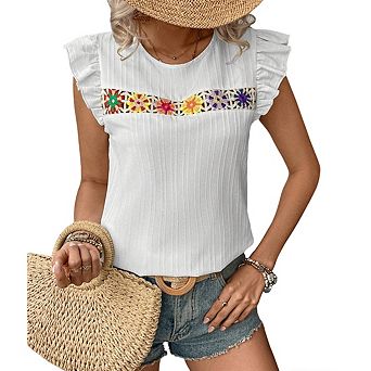 Womens Crewneck Lace Trim Short Ruffle Sleeve Blouse Top