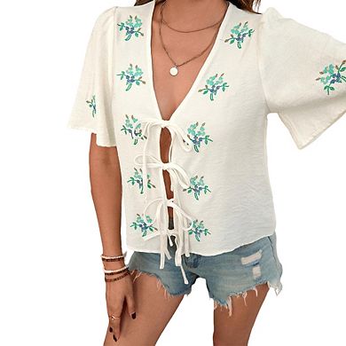Womens V Neck Short Sleeve Lace Up Blouse Embroidered Top Cardigan