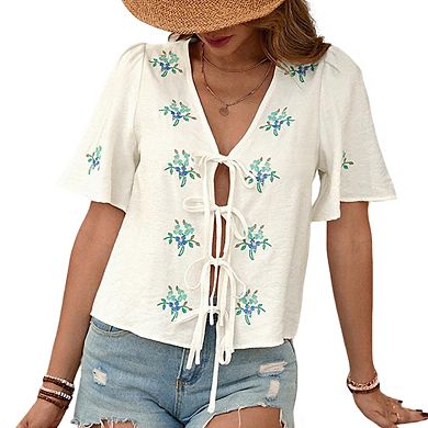 Womens V Neck Short Sleeve Lace Up Blouse Embroidered Top Cardigan