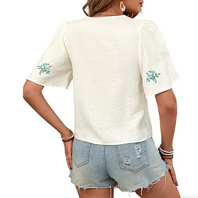 Womens V Neck Short Sleeve Lace Up Blouse Embroidered Top Cardigan