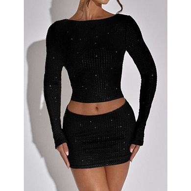 Women 2 Piece Sets Y2K Sequin Glitter Long Sleeve Crop Top Bodycon Mini Skirt Clubwear