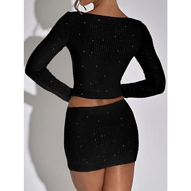 Women 2 Piece Sets Y2K Sequin Glitter Long Sleeve Crop Top Bodycon Mini Skirt Clubwear