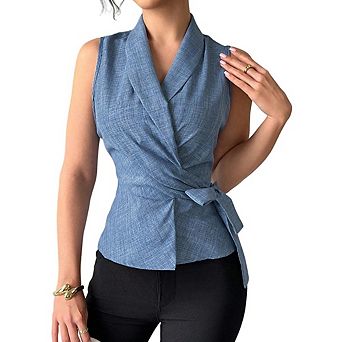 Womens Casual Sleeveless Blazer Vest Top Tie Waist V Neck Elagant Cardigan Vest