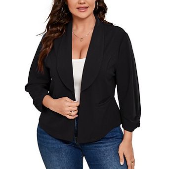 Women's Plus Cropped Blazers 3/4 Sleeve Open Front Lightweight Cardigan Casual Work Office Jackets