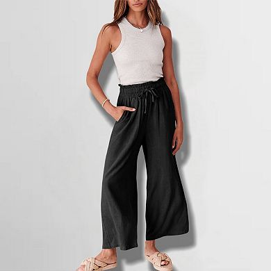 Women's Solid Color Ankle Pants Drapey Casual Beach Trousers with Drawstring Waist